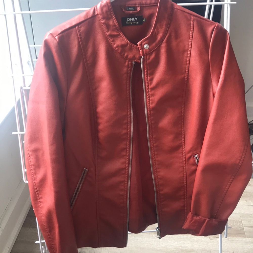Burnt orange faux leather bomber/moto jacket